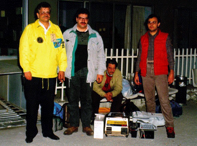 Ham emergency equipment provided mainly by RAAG at Elefsis airport, before on board to Erzincan 14-Mar-1992 from left Sakis SV1EM, Sotiris SV1BDO, Antonis SV1GH, Tasos SV1RD